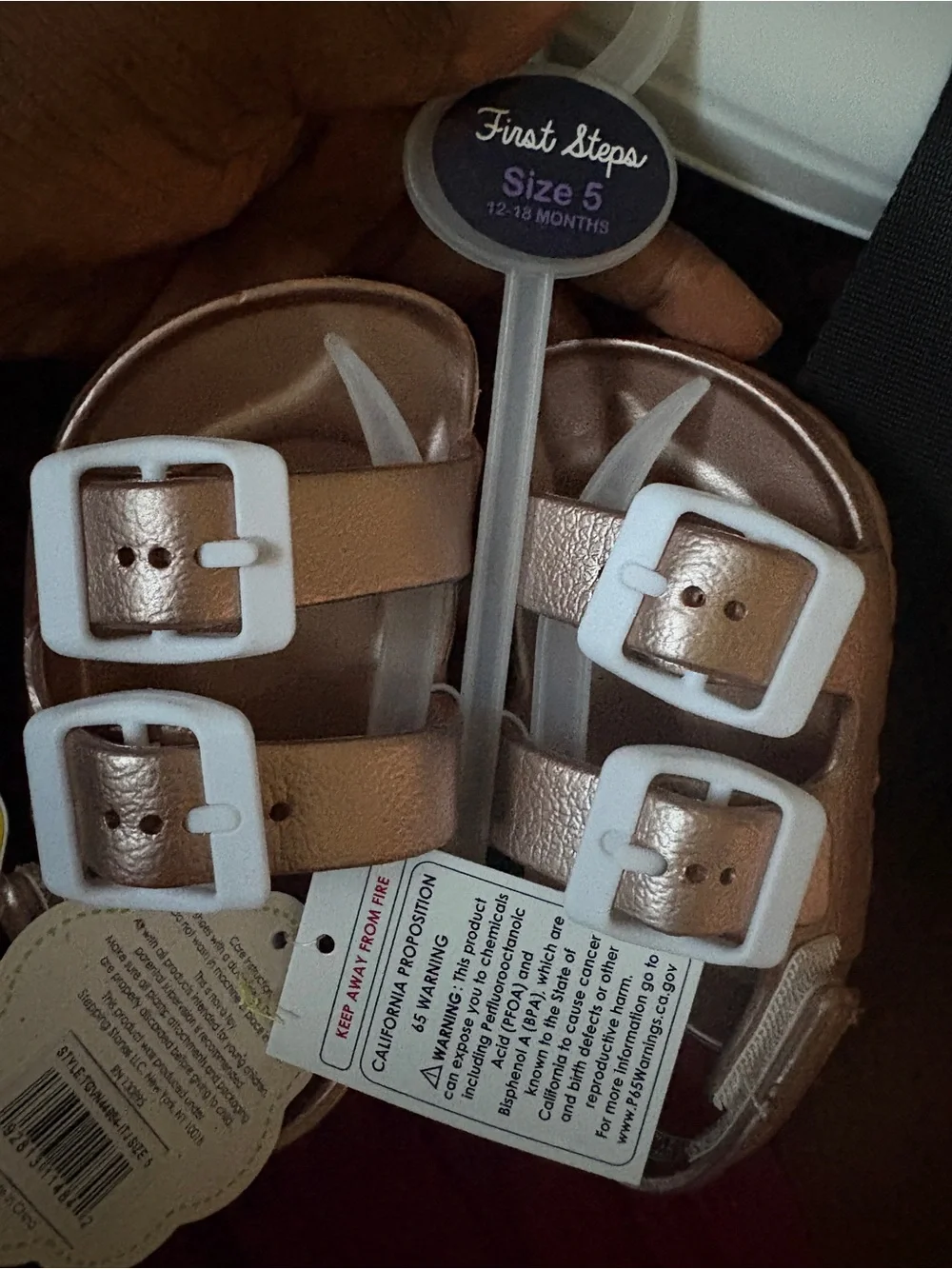First Steps Rose Gold Toddler Sandals with White Buckles - Size 5